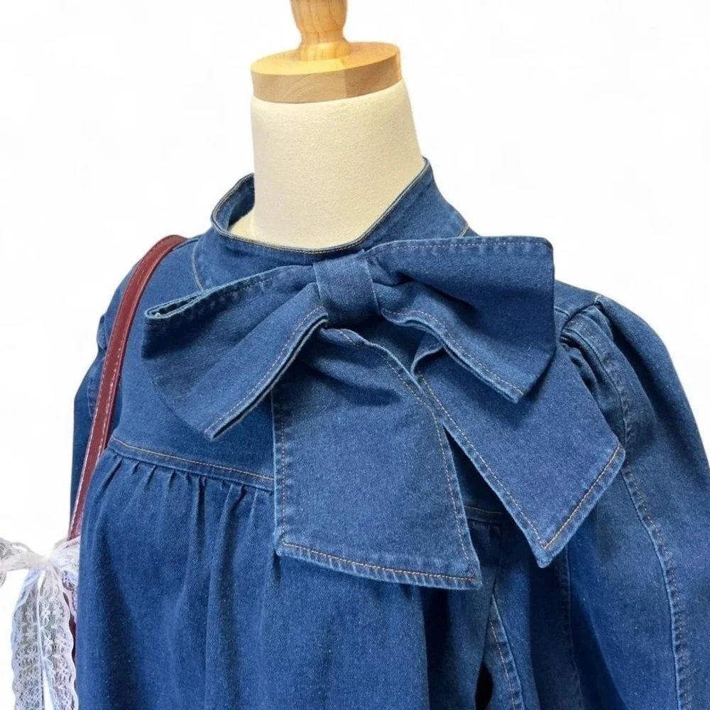 Sugar Lips Denim Bow Dress Aura Jacey Size Large Boho Preppy Western - Picture 4 of 8